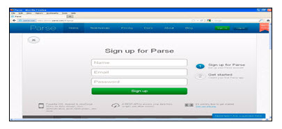 Screenshot of Parse webpage displaying fill-in fields for signing up for Parse software goods.